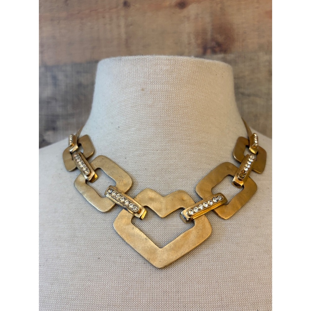Gold Tone Heart Geometric Statement Necklace Rhinestone Herringbone Chain